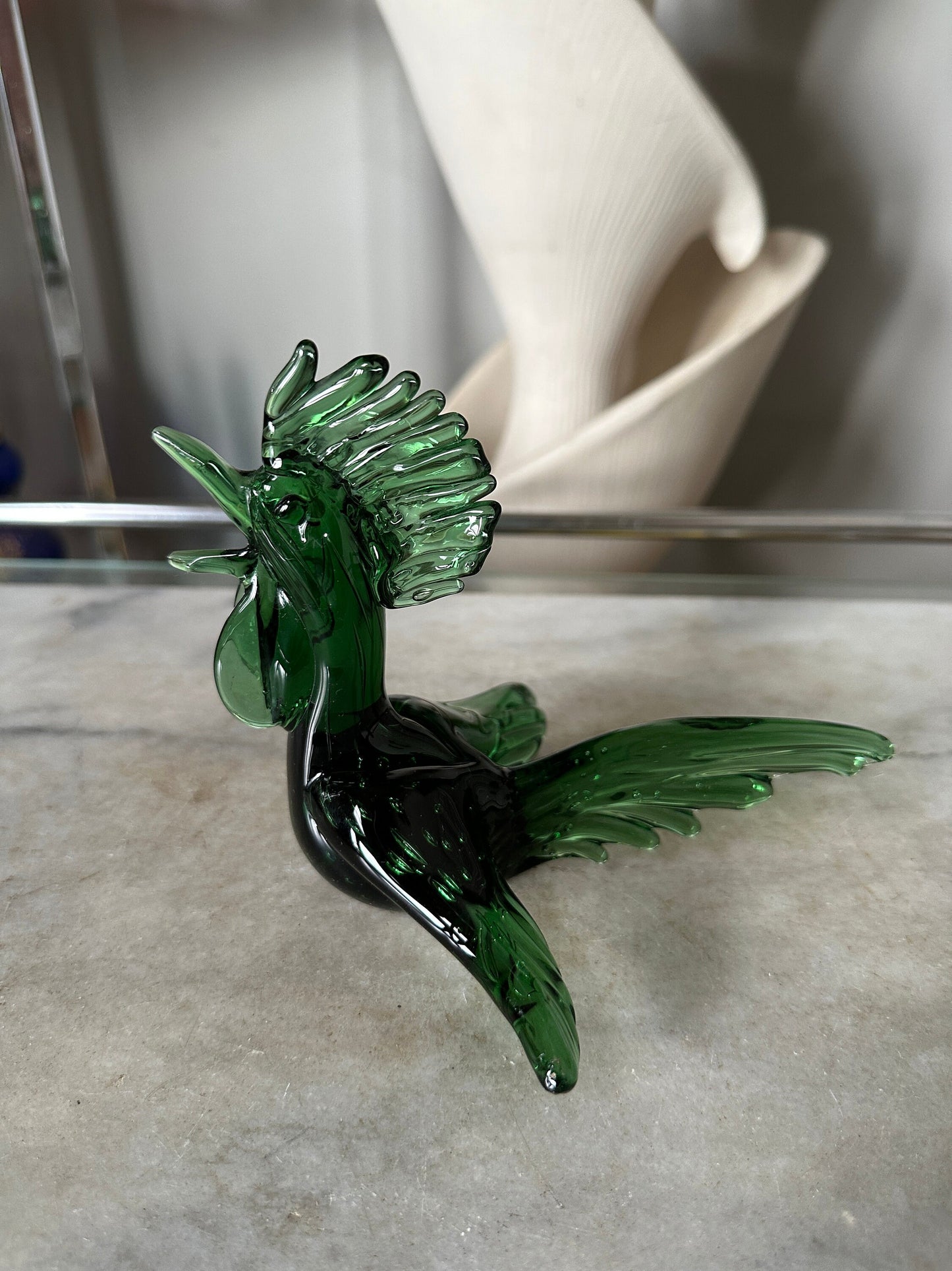 Mid Century Modern Art Glass Roadrunner Figurjne | 1960s Glass Pheasant Bird Roadrunner Green