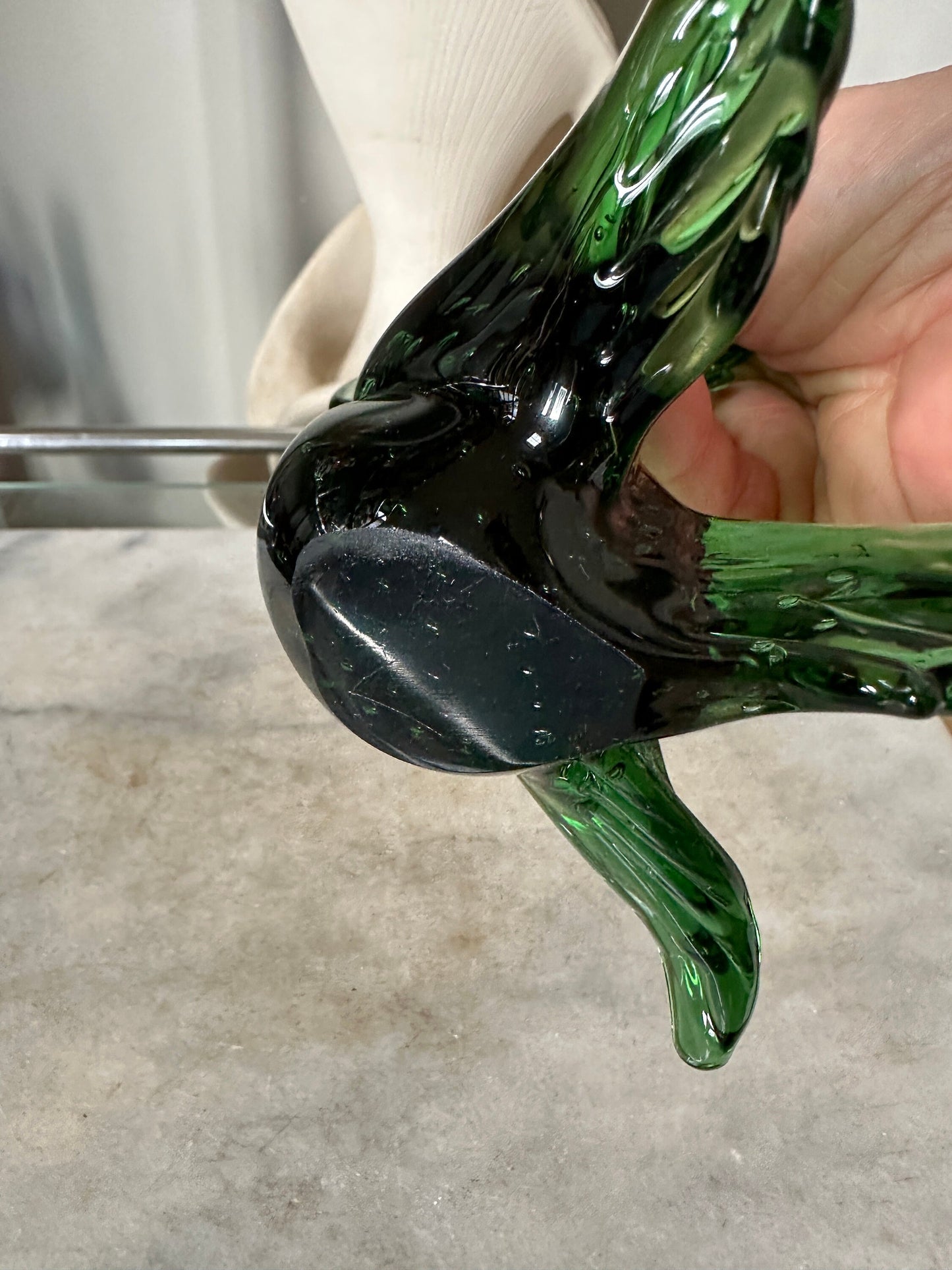 Mid Century Modern Art Glass Roadrunner Figurjne | 1960s Glass Pheasant Bird Roadrunner Green