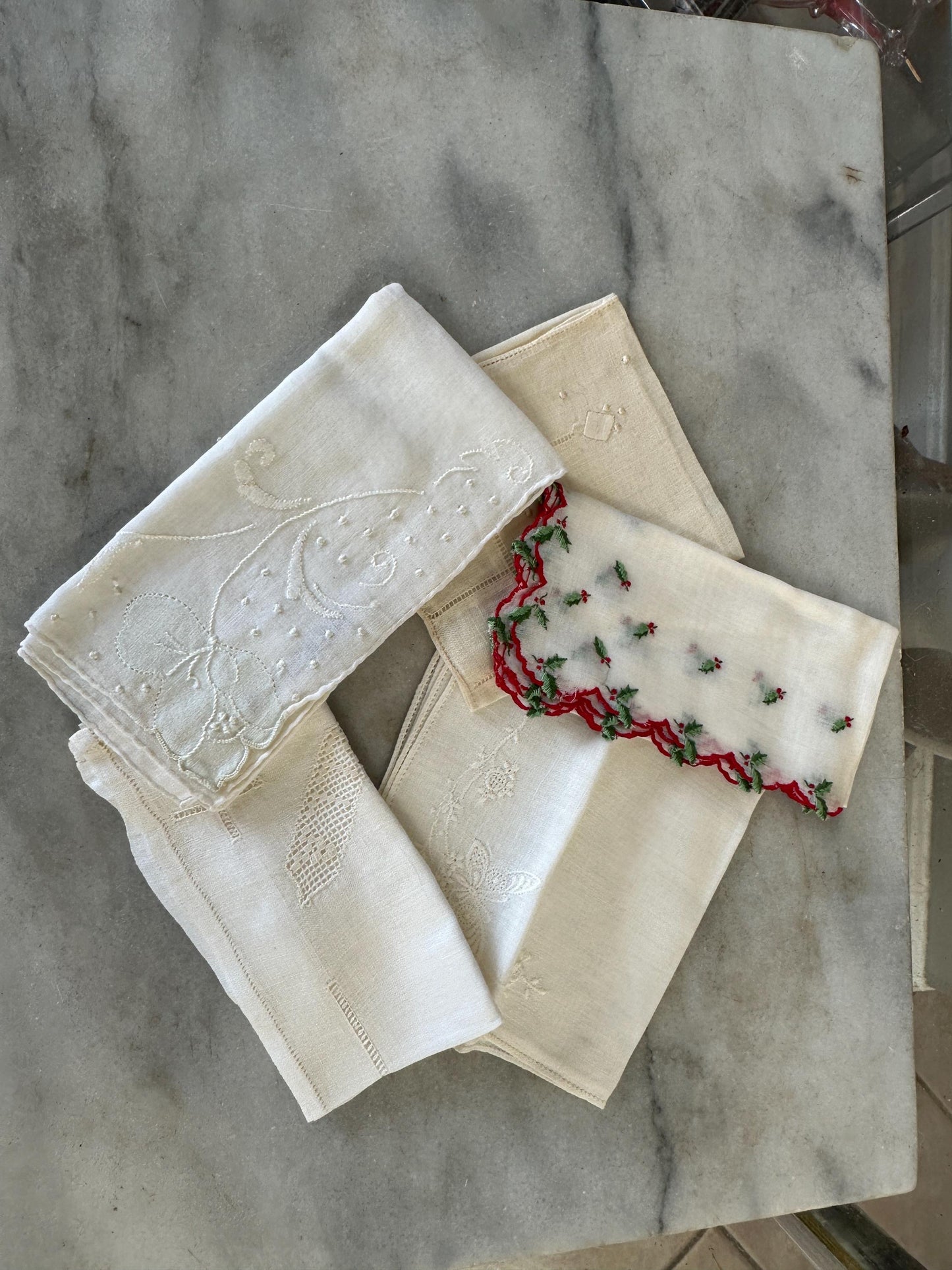 5 Vintage Shabby Chic embroidered Hankies - Gorgeous Ivory and White and Christmas  Hankies - Vintage Bridal Wedding Hankie