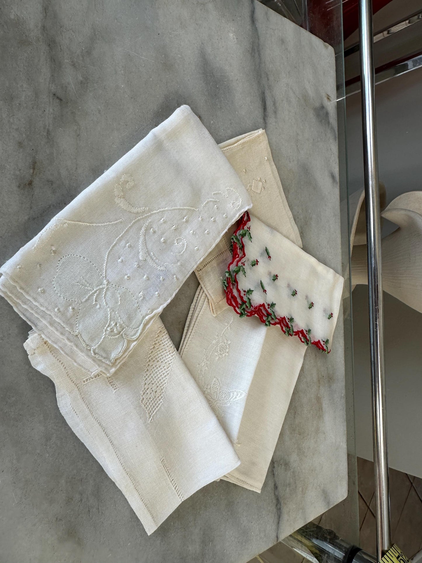 5 Vintage Shabby Chic embroidered Hankies - Gorgeous Ivory and White and Christmas  Hankies - Vintage Bridal Wedding Hankie