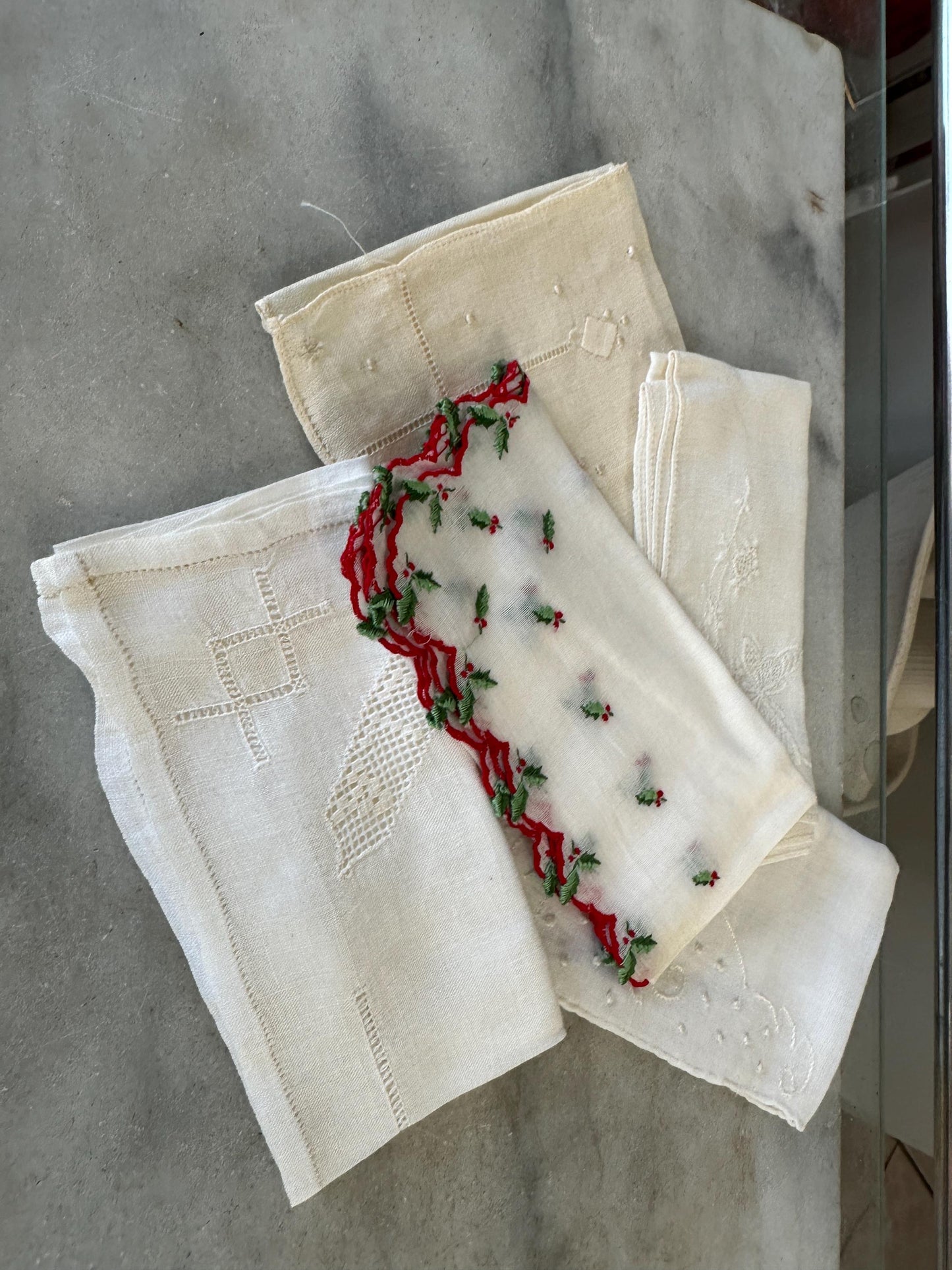 5 Vintage Shabby Chic embroidered Hankies - Gorgeous Ivory and White and Christmas  Hankies - Vintage Bridal Wedding Hankie