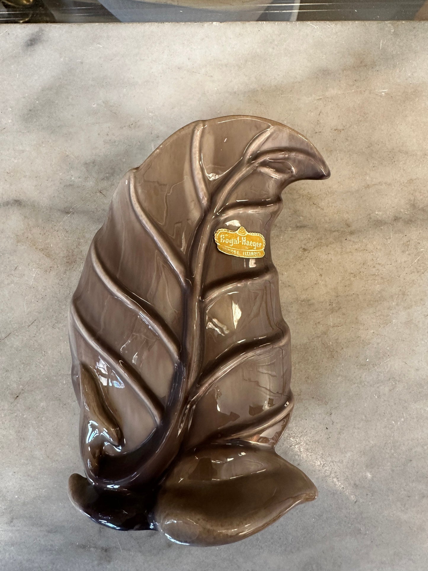 Vintage Haeger Brown Ceramic Leaf Shaped Vase MCM small bud vase | Flul Haeger Sticker Present