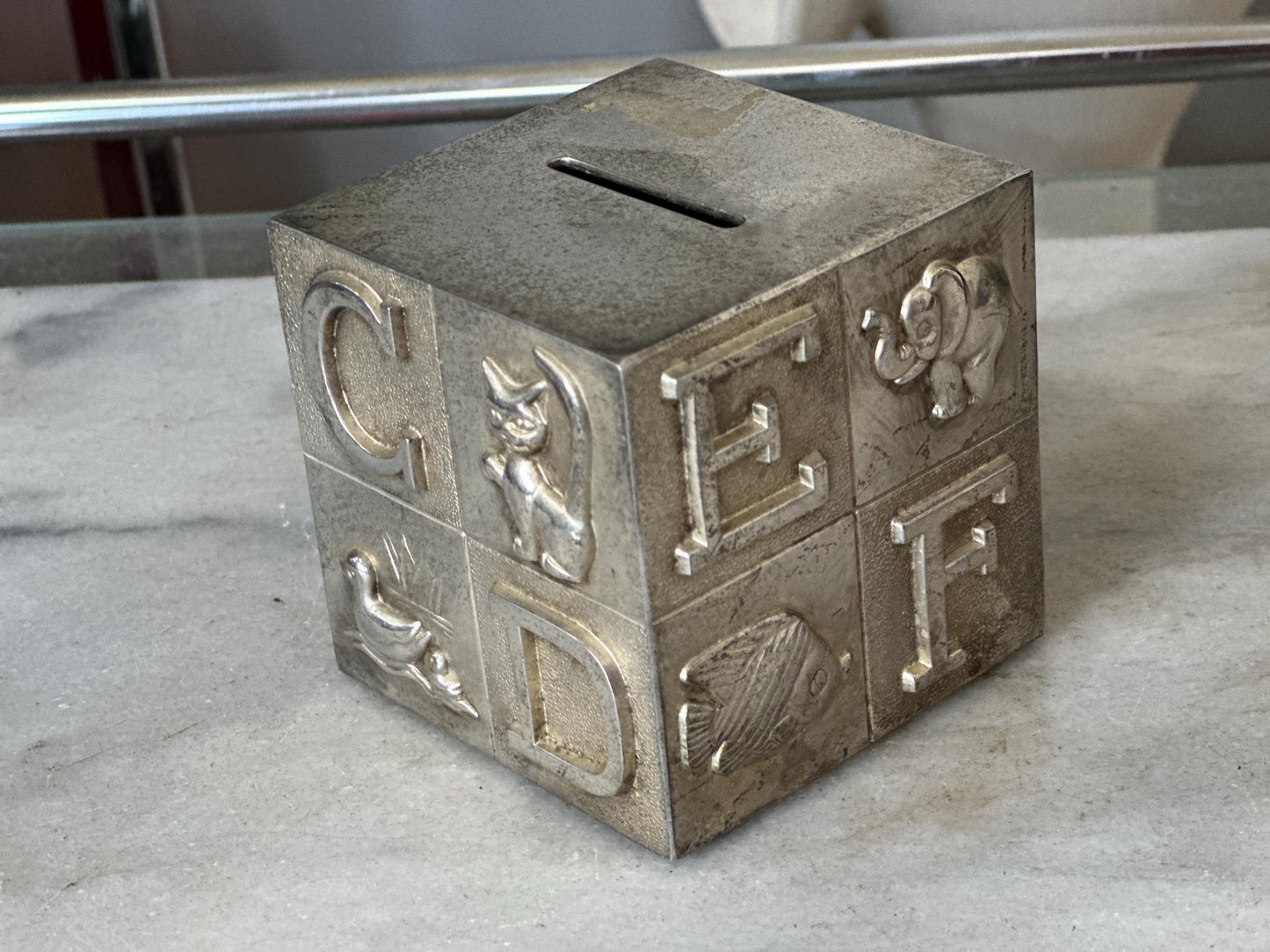 Vintage 80s Silver Plated Metal Coin Savings Bank for Children ABC Retro Heavy Collectible Baby Shower Gift