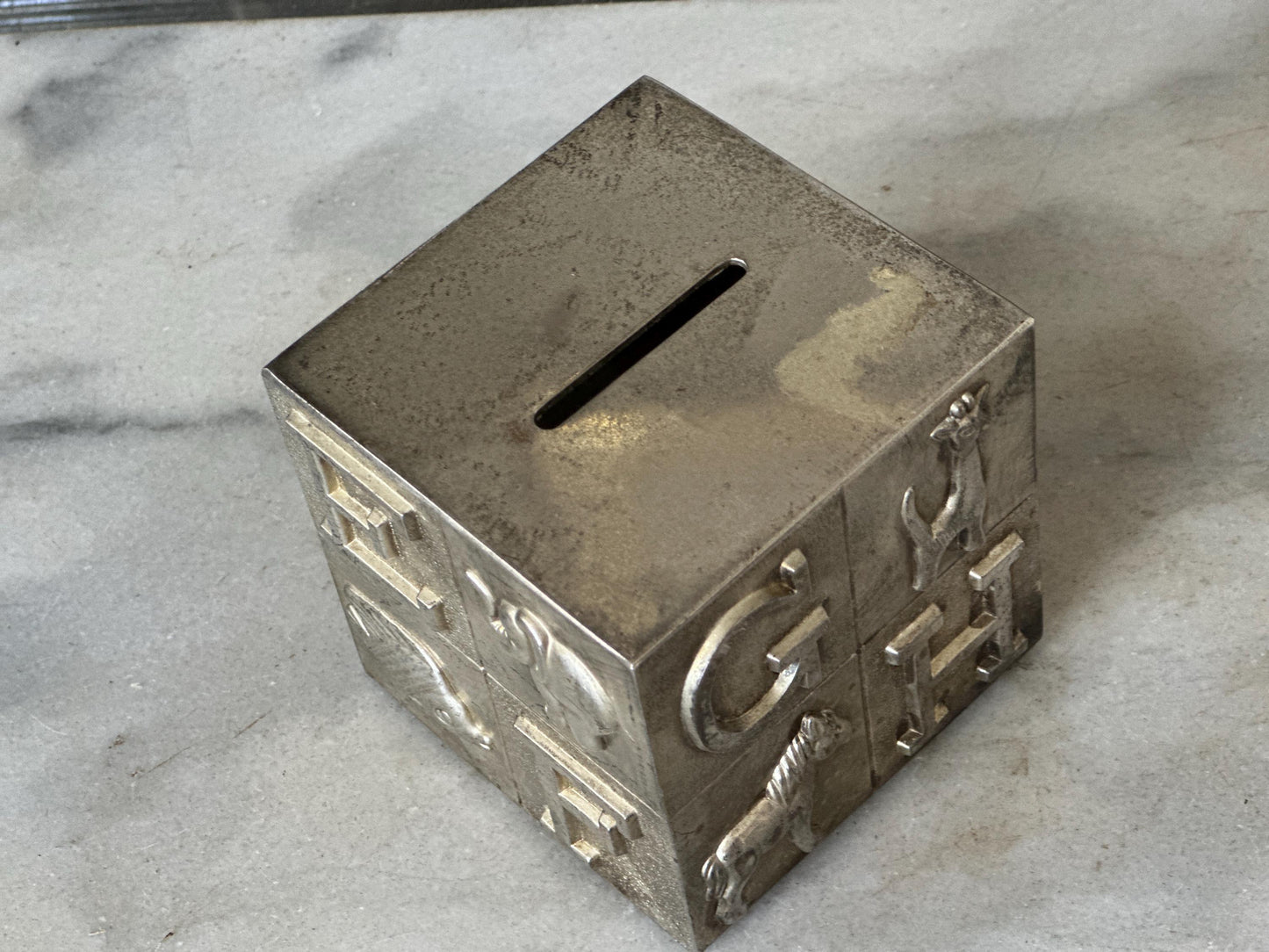 Vintage 80s Silver Plated Metal Coin Savings Bank for Children ABC Retro Heavy Collectible Baby Shower Gift