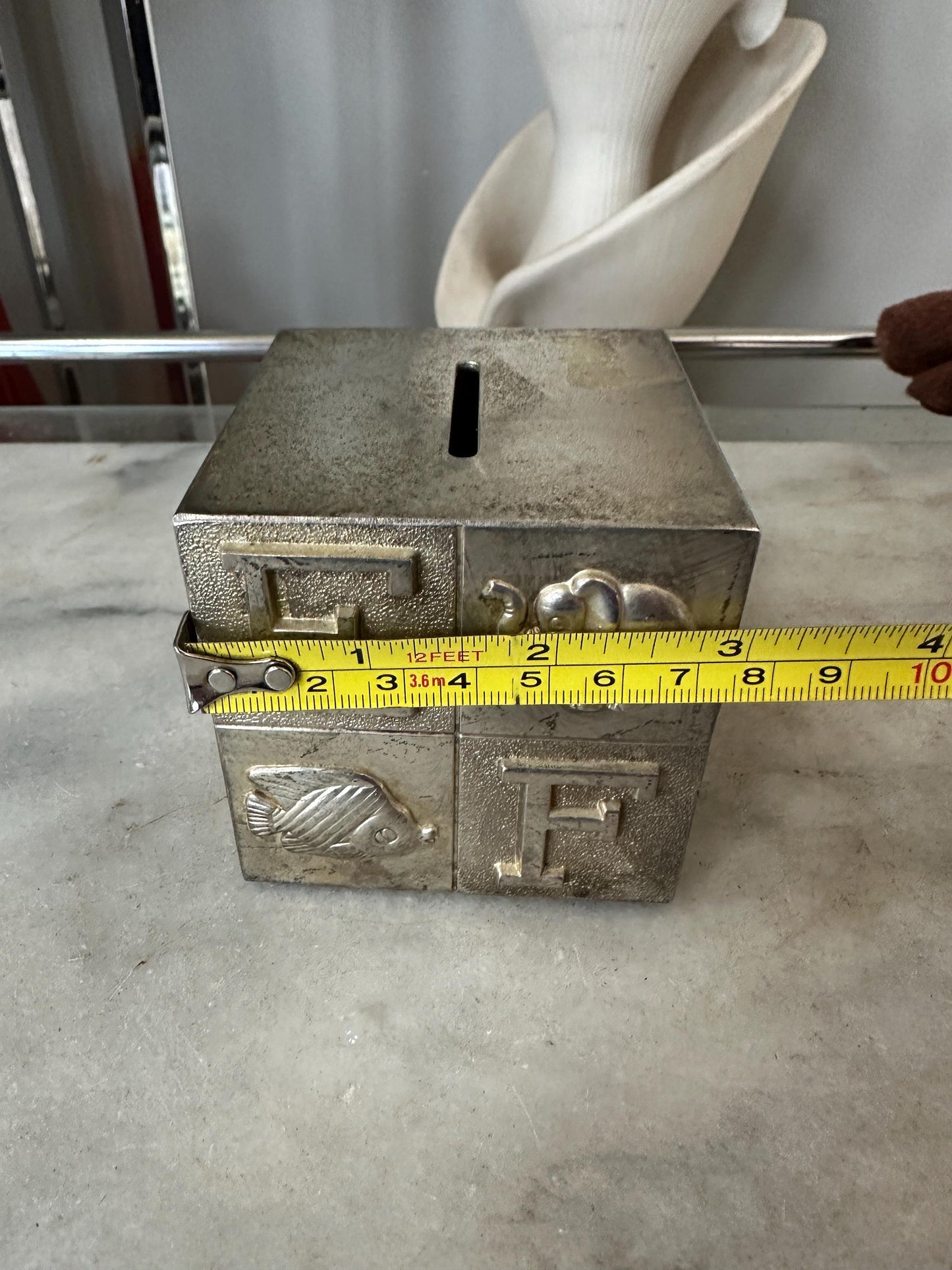 Vintage 80s Silver Plated Metal Coin Savings Bank for Children ABC Retro Heavy Collectible Baby Shower Gift