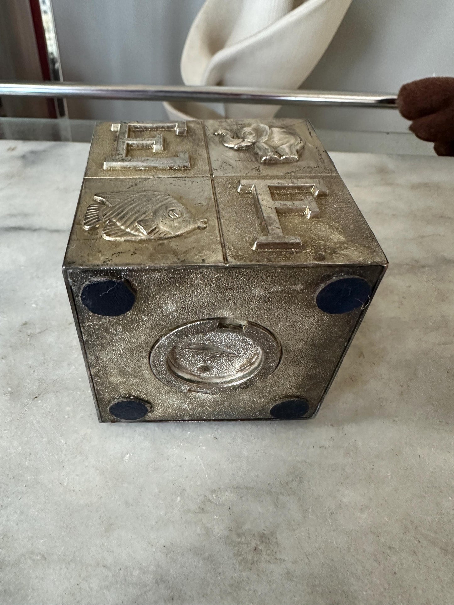 Vintage 80s Silver Plated Metal Coin Savings Bank for Children ABC Retro Heavy Collectible Baby Shower Gift