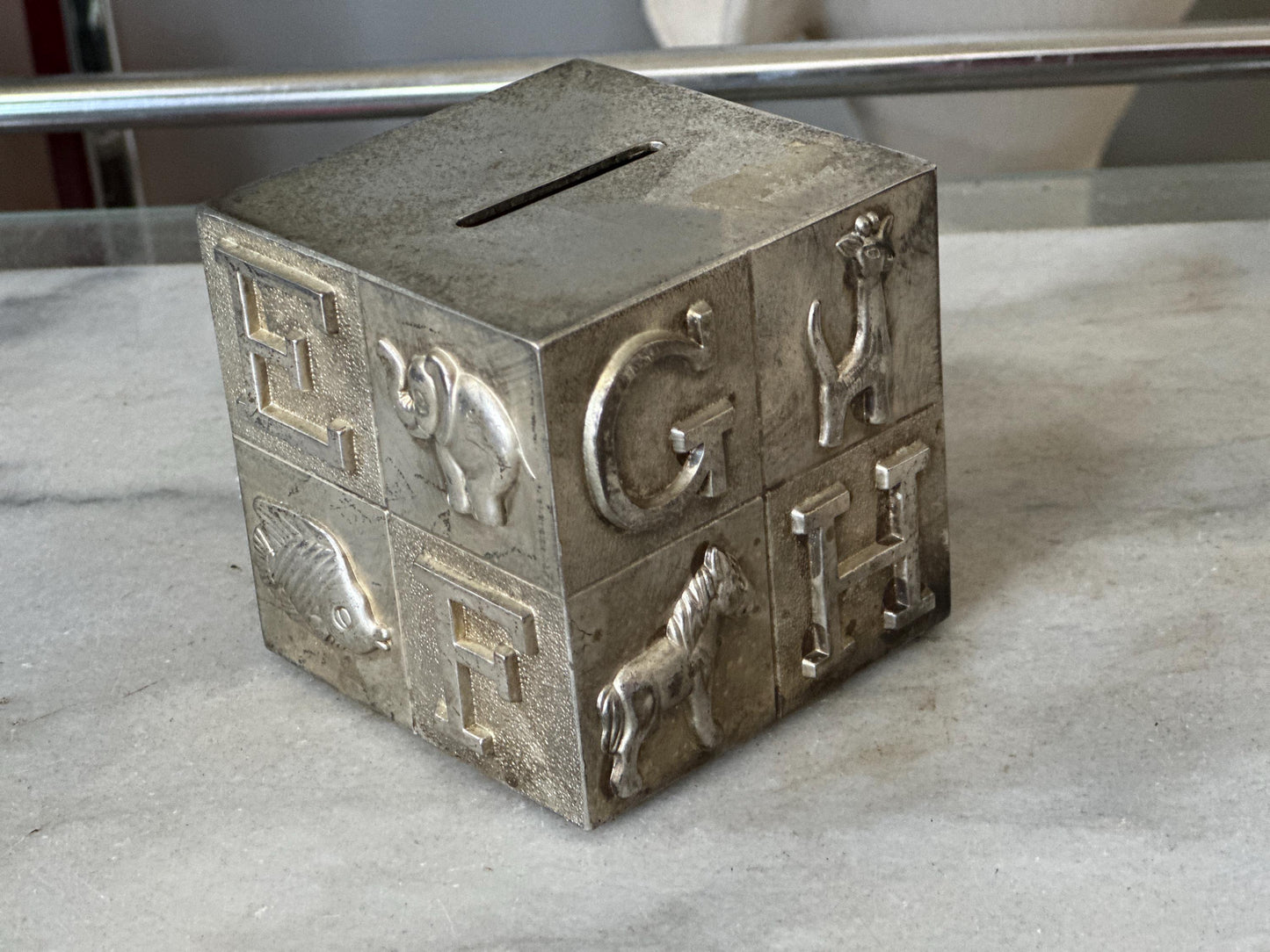 Vintage 80s Silver Plated Metal Coin Savings Bank for Children ABC Retro Heavy Collectible Baby Shower Gift