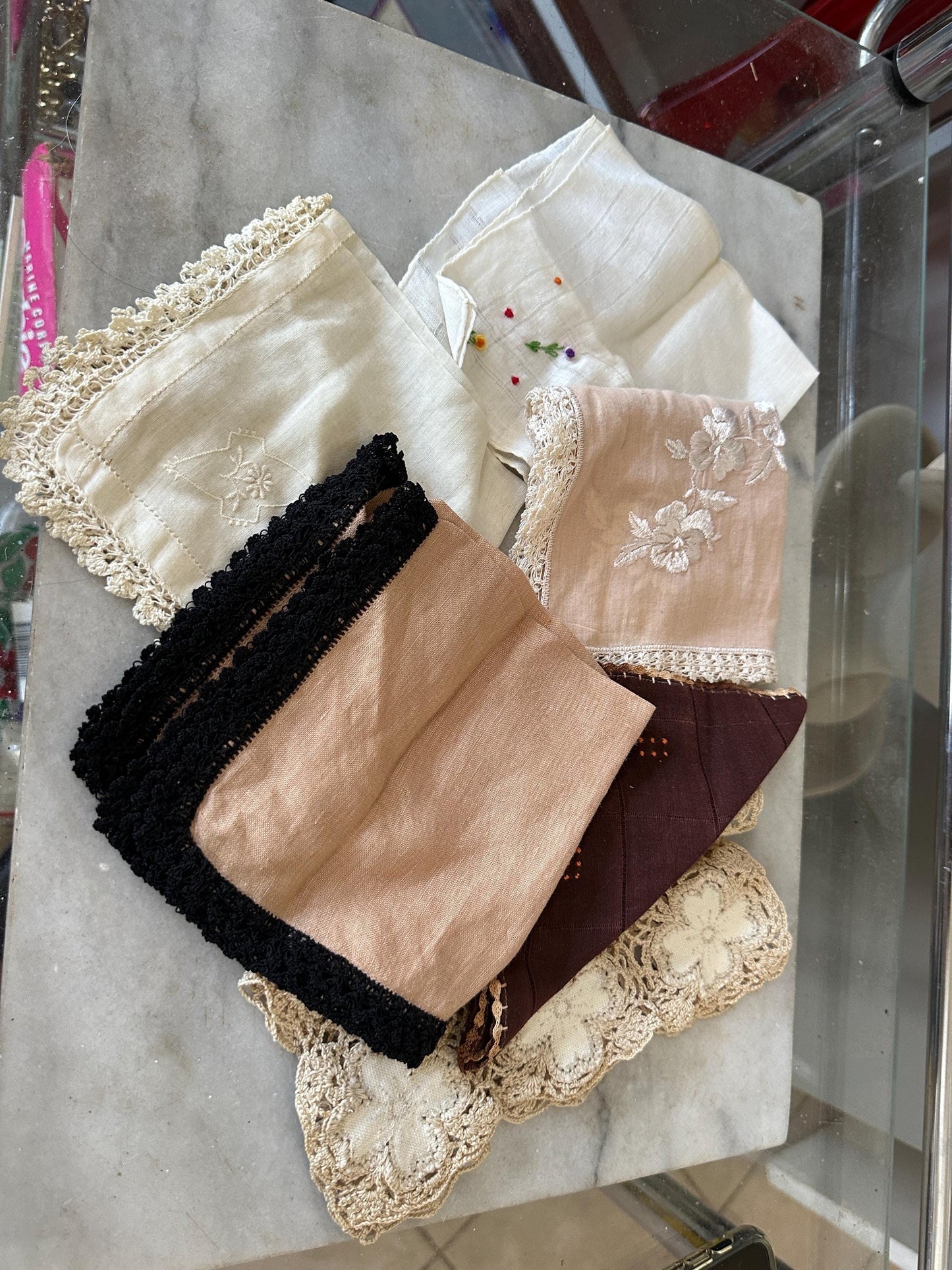 6 Vintage Shabby Chic Variety of Hankies -  Flowers in Ivory, Tan, Brown and Yellow Floral  and Crocheted  Hankies - Vintage Hankies