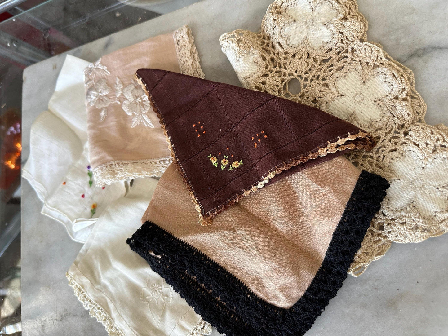 6 Vintage Shabby Chic Variety of Hankies -  Flowers in Ivory, Tan, Brown and Yellow Floral  and Crocheted  Hankies - Vintage Hankies