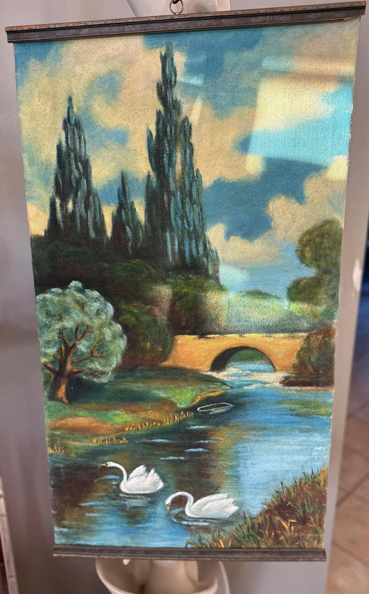 Vintage Hand Painted Canvas Wall Hanging | 1970s | Hand Painted Landscape Canvas Wall Art | Swan and Water Scene