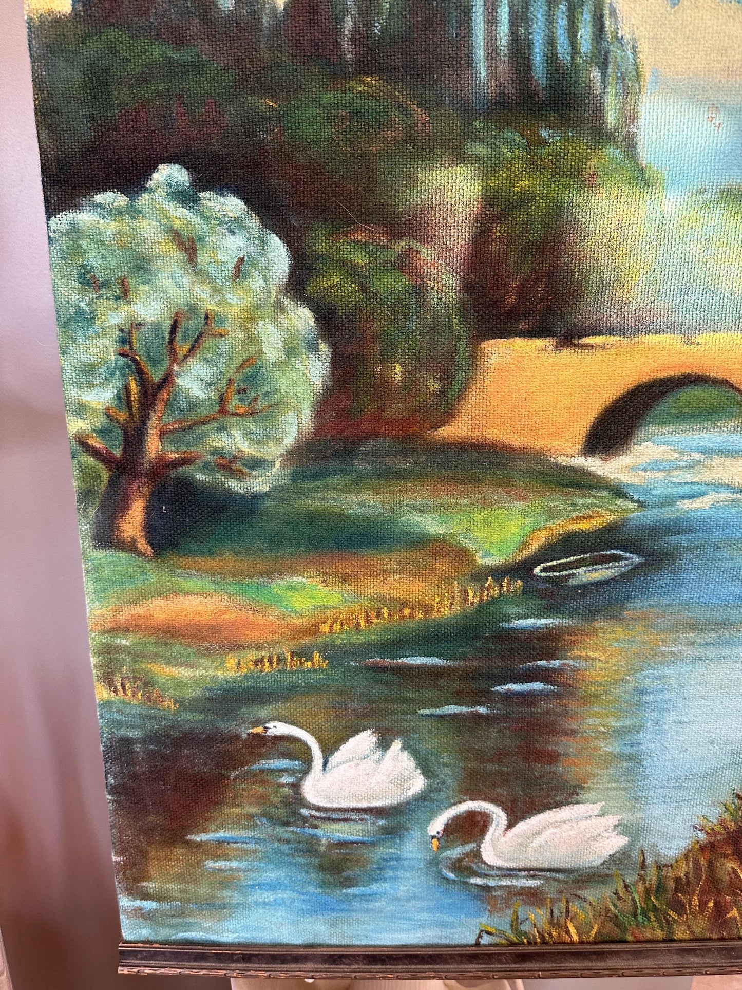 Vintage Hand Painted Canvas Wall Hanging | 1970s | Hand Painted Landscape Canvas Wall Art | Swan and Water Scene