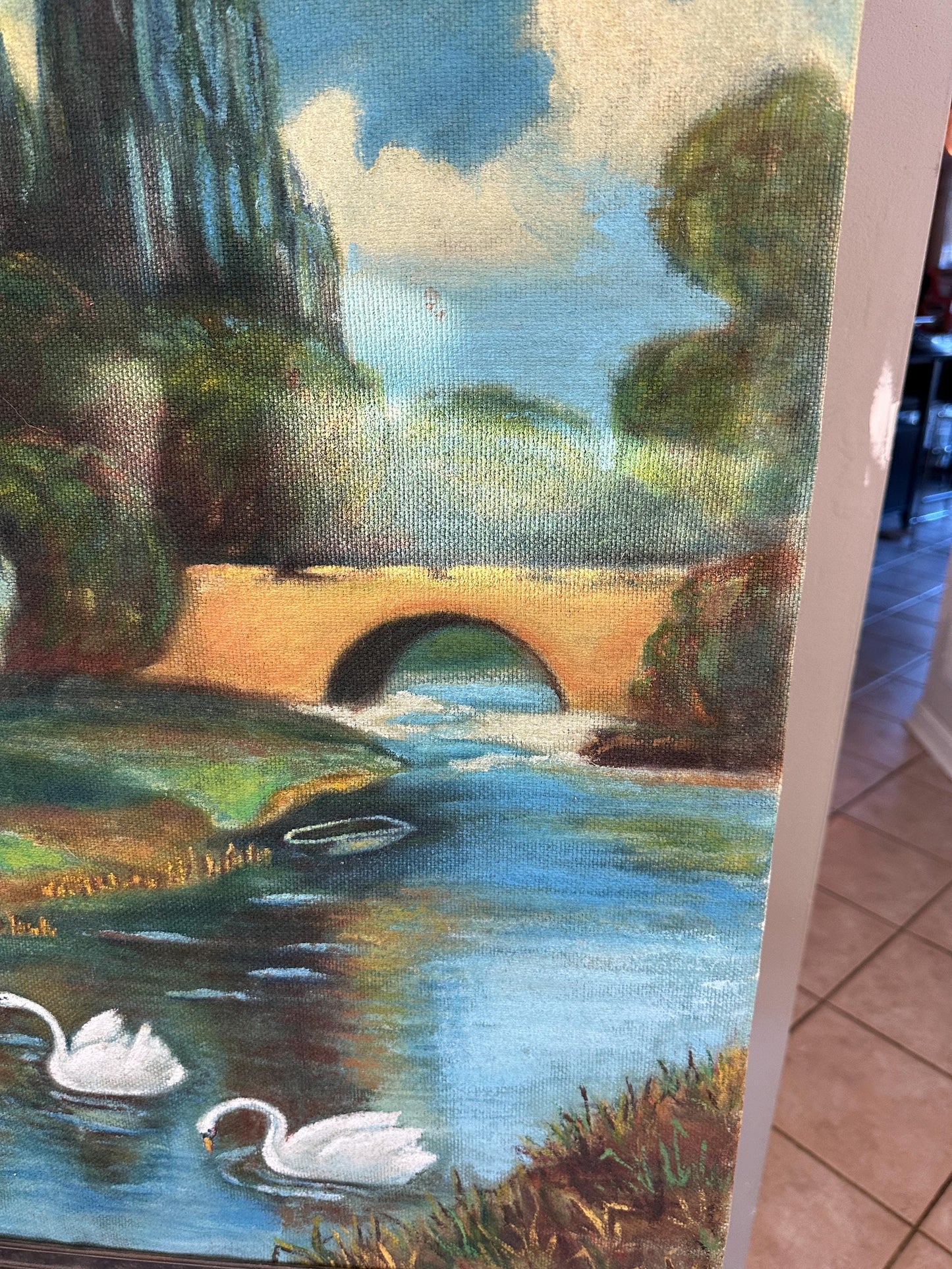 Vintage Hand Painted Canvas Wall Hanging | 1970s | Hand Painted Landscape Canvas Wall Art | Swan and Water Scene