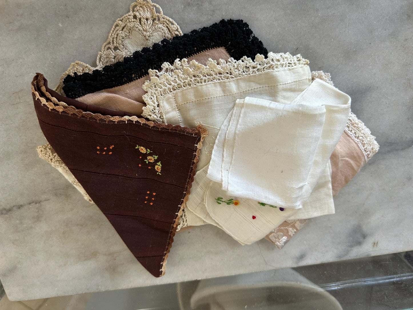 6 Vintage Shabby Chic Variety of Hankies -  Flowers in Ivory, Tan, Brown and Yellow Floral  and Crocheted  Hankies - Vintage Hankies