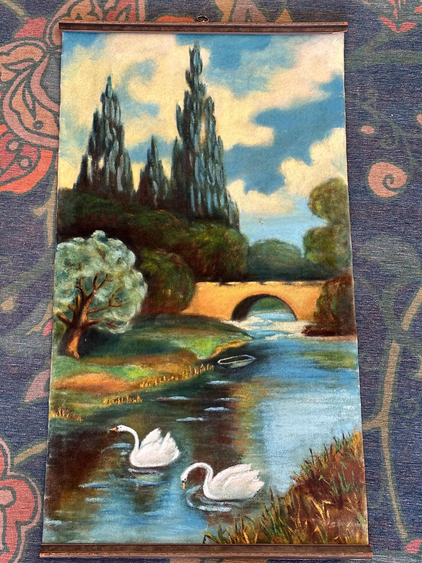 Vintage Hand Painted Canvas Wall Hanging | 1970s | Hand Painted Landscape Canvas Wall Art | Swan and Water Scene