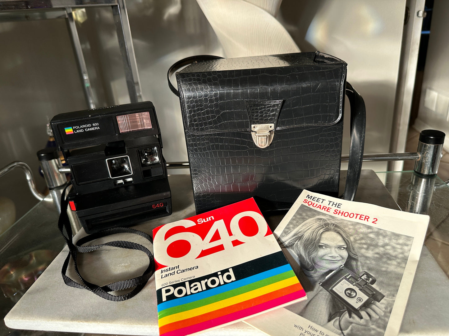 Polaroid 640 Land Camera | Polaroid Rainbow | Square Instant Camera with Faux Crock Case and Instruction Books