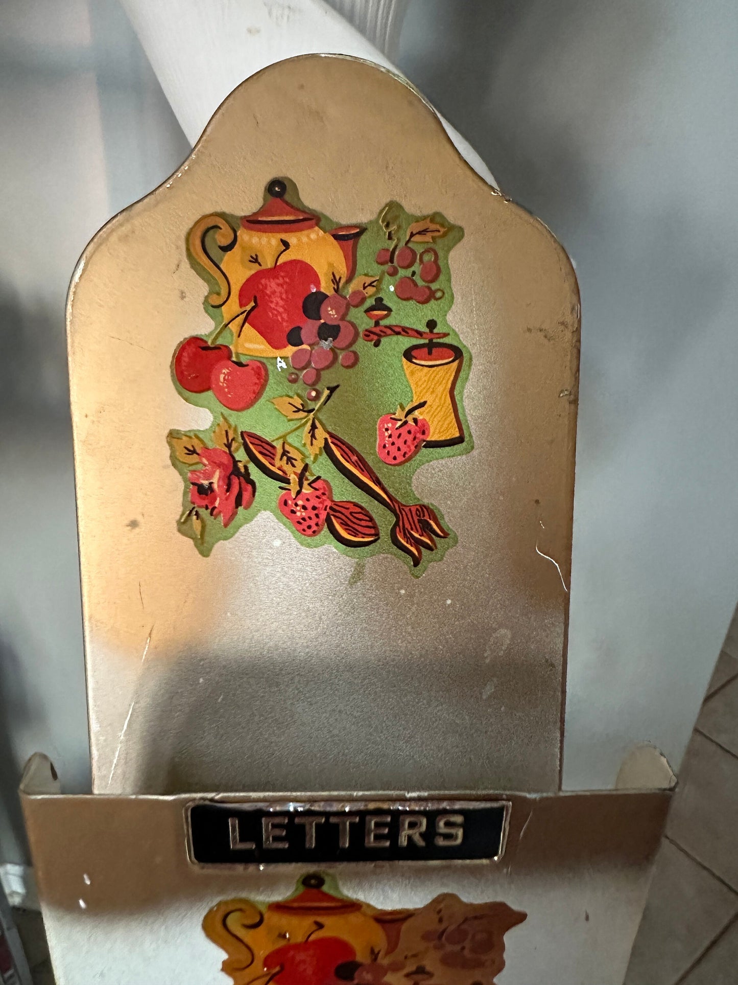 Vintage Mid Century 1950s Letter Bill Holder Wall Hanging ~ Floral Deaign | Tin Litho