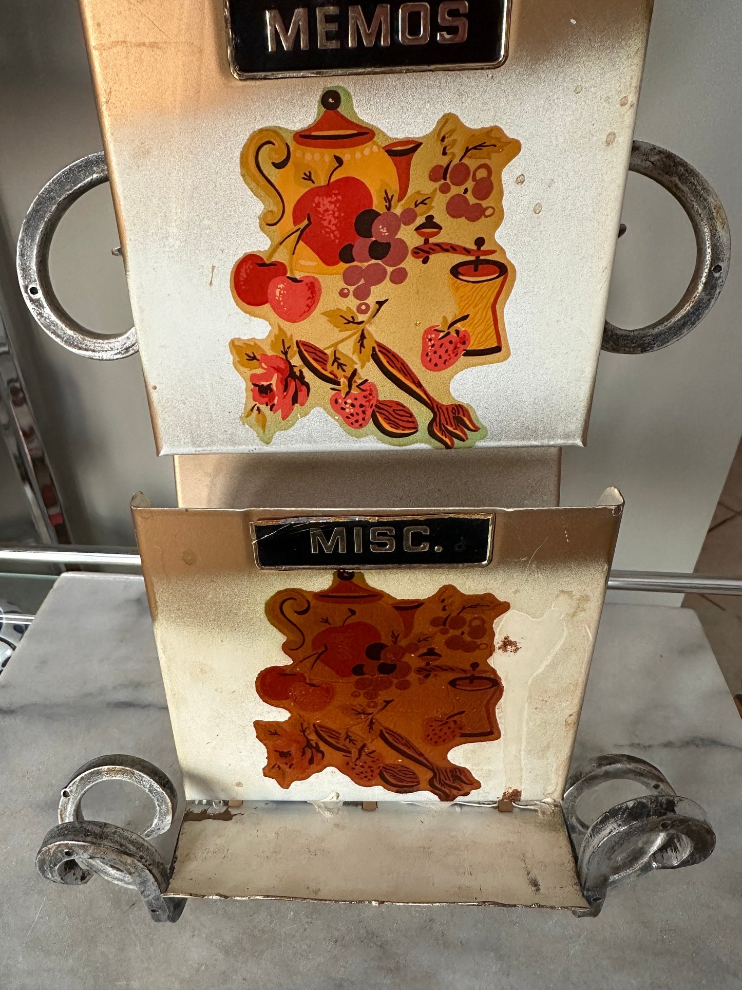 Vintage Mid Century 1950s Letter Bill Holder Wall Hanging ~ Floral Deaign | Tin Litho