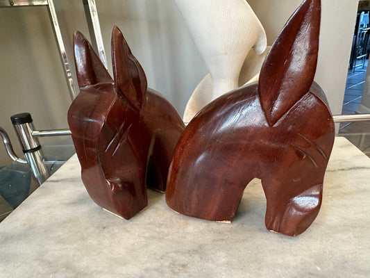 Hand Carved Horse Head Bookends, vintage wood carving, horse collectible, horse statue, MCM horse design,mid century modern style