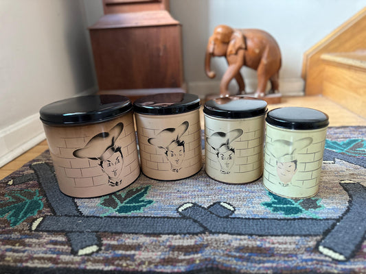 Vintage 1950s Parmeco Happy Chef Canister set Pink or Cream and  Black  MCM Metal Nesting Canisters (4)