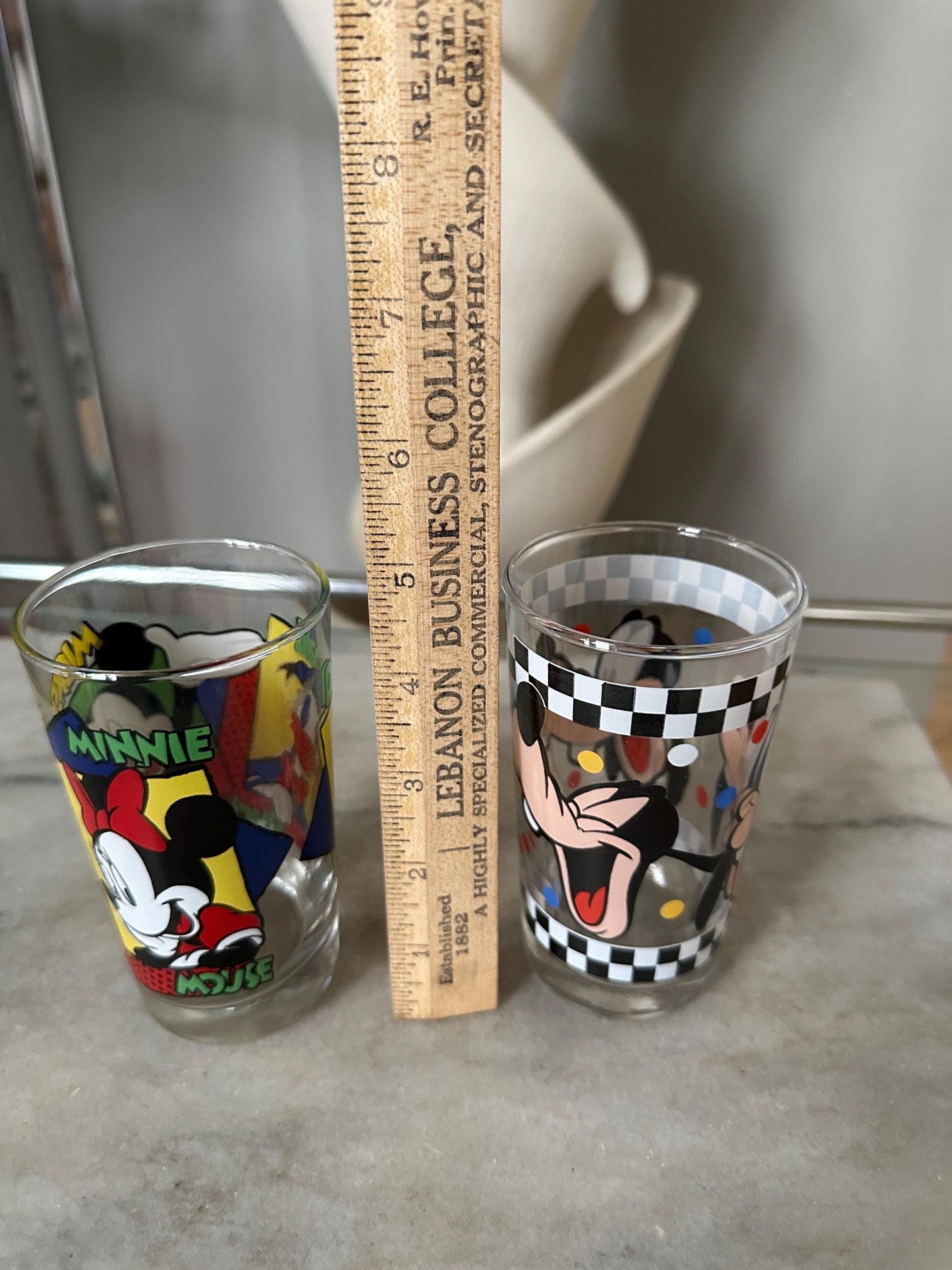 Vintage Disney Mickey/Minnie Mouse/Donald Duck Drinking Glass and Goofy Drinking Glass  Set of 2