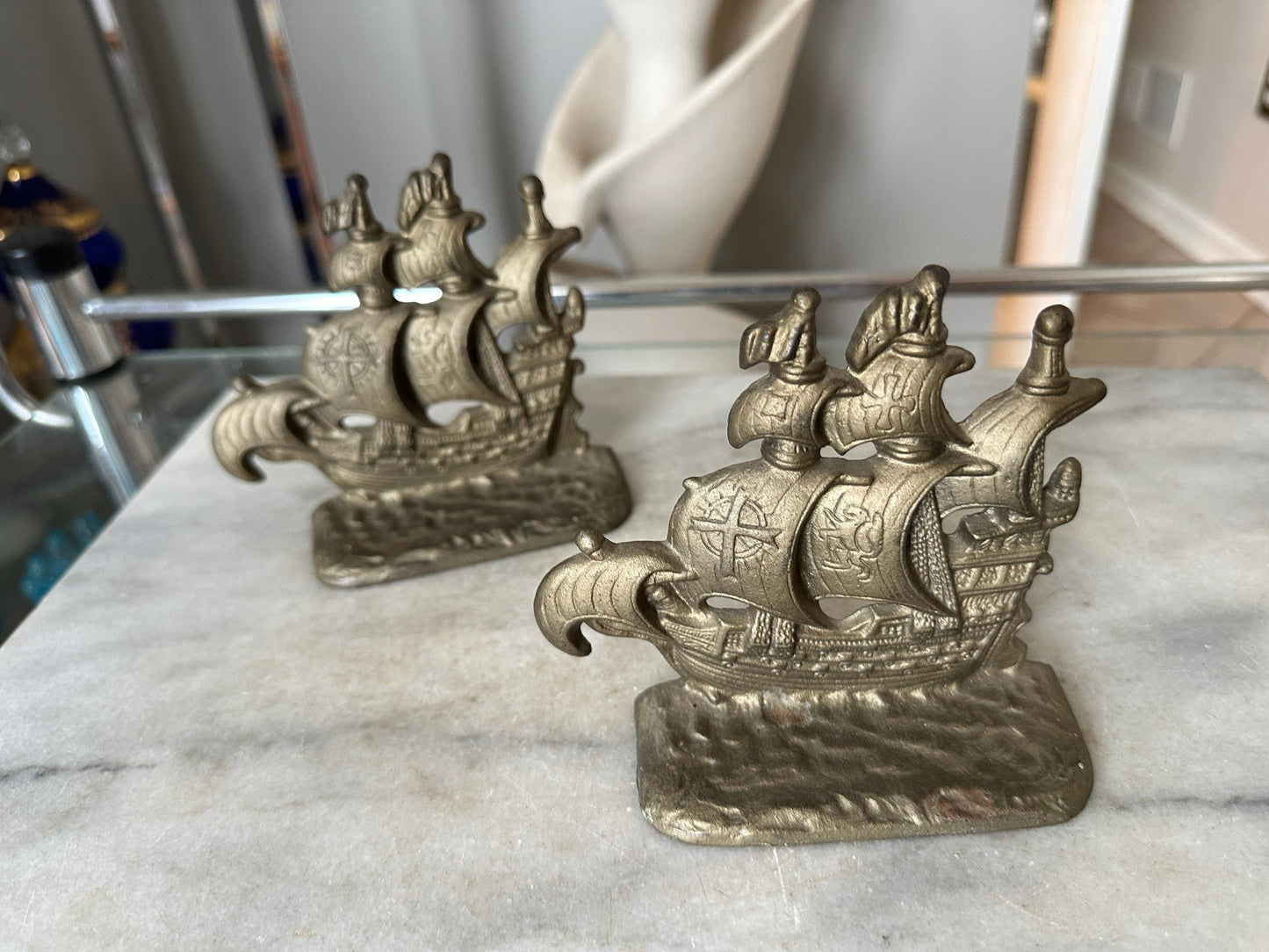 Vintage Cast Metal Pirate Galleon 128 Copyright Cast Metal (Aluminum) Bookends / Door Stops