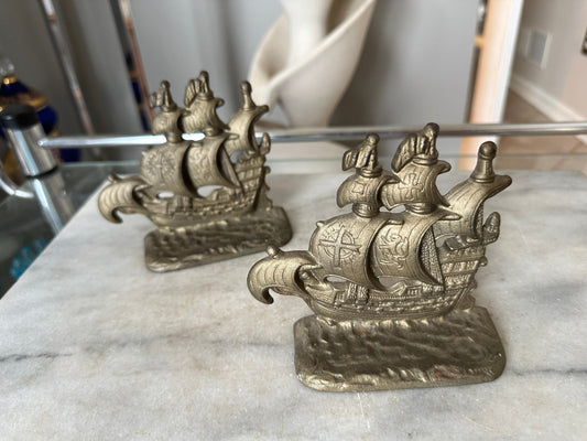 Vintage Cast Metal Pirate Galleon 128 Copyright Cast Metal (Aluminum) Bookends / Door Stops