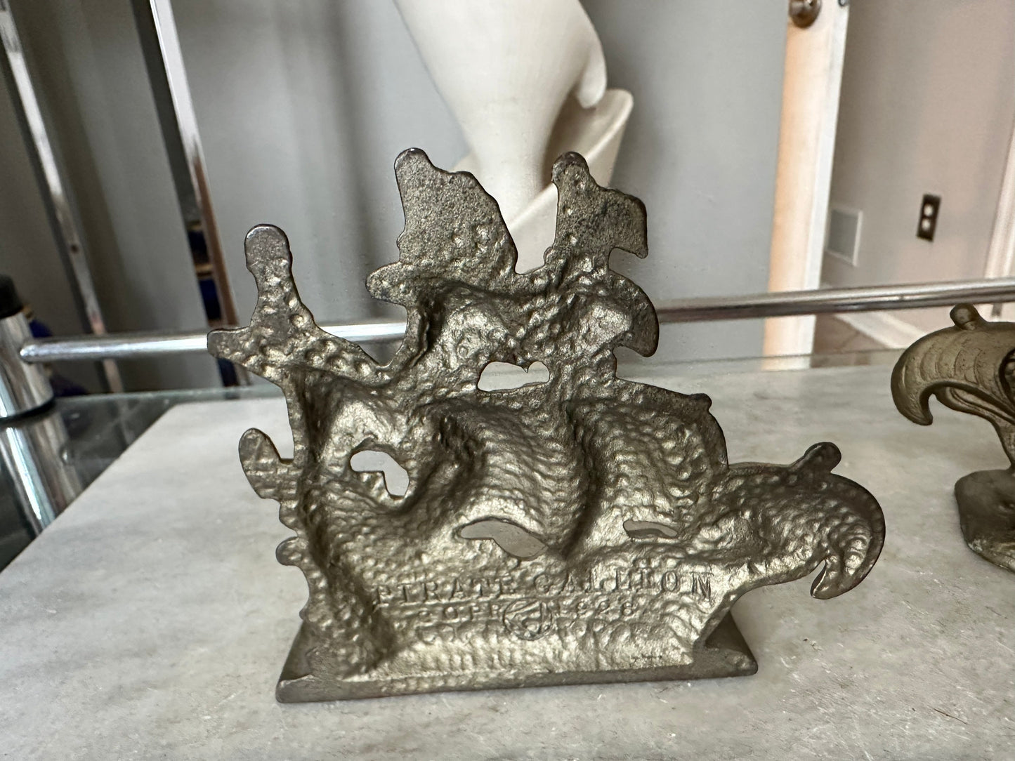 Vintage Cast Metal Pirate Galleon 128 Copyright Cast Metal (Aluminum) Bookends / Door Stops