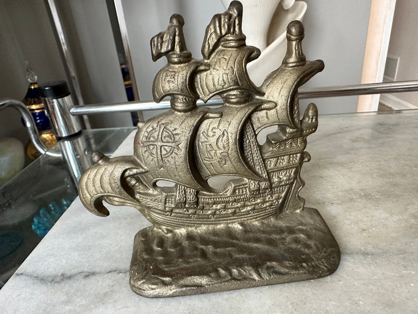 Vintage Cast Metal Pirate Galleon 128 Copyright Cast Metal (Aluminum) Bookends / Door Stops
