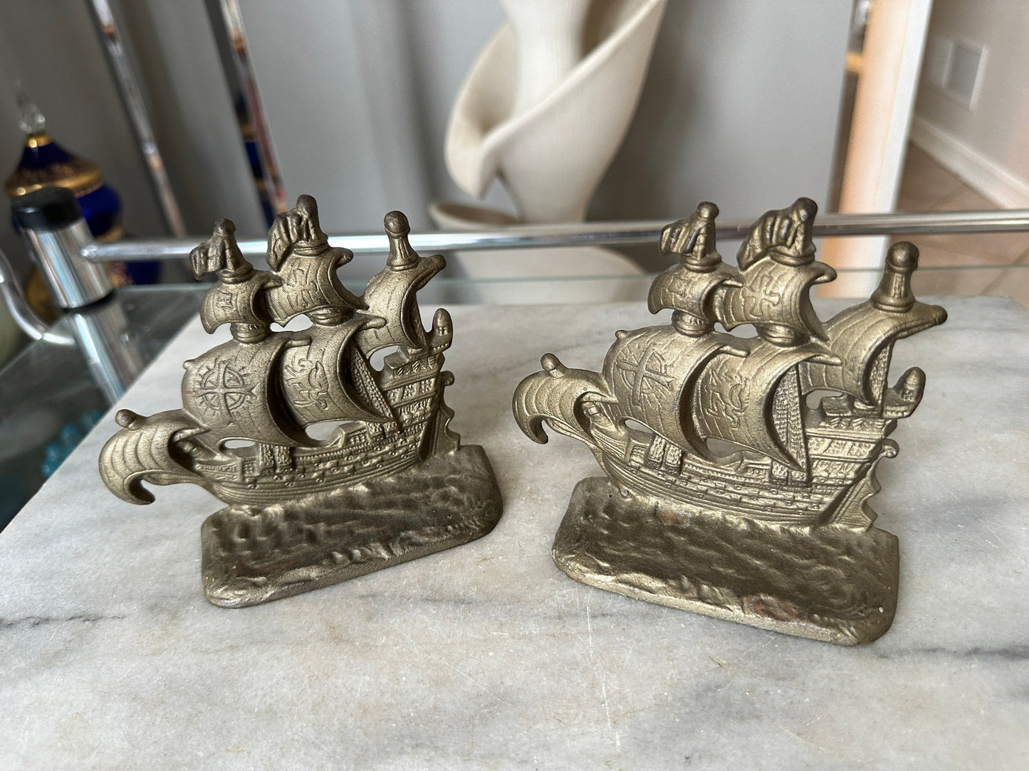 Vintage Cast Metal Pirate Galleon 128 Copyright Cast Metal (Aluminum) Bookends / Door Stops