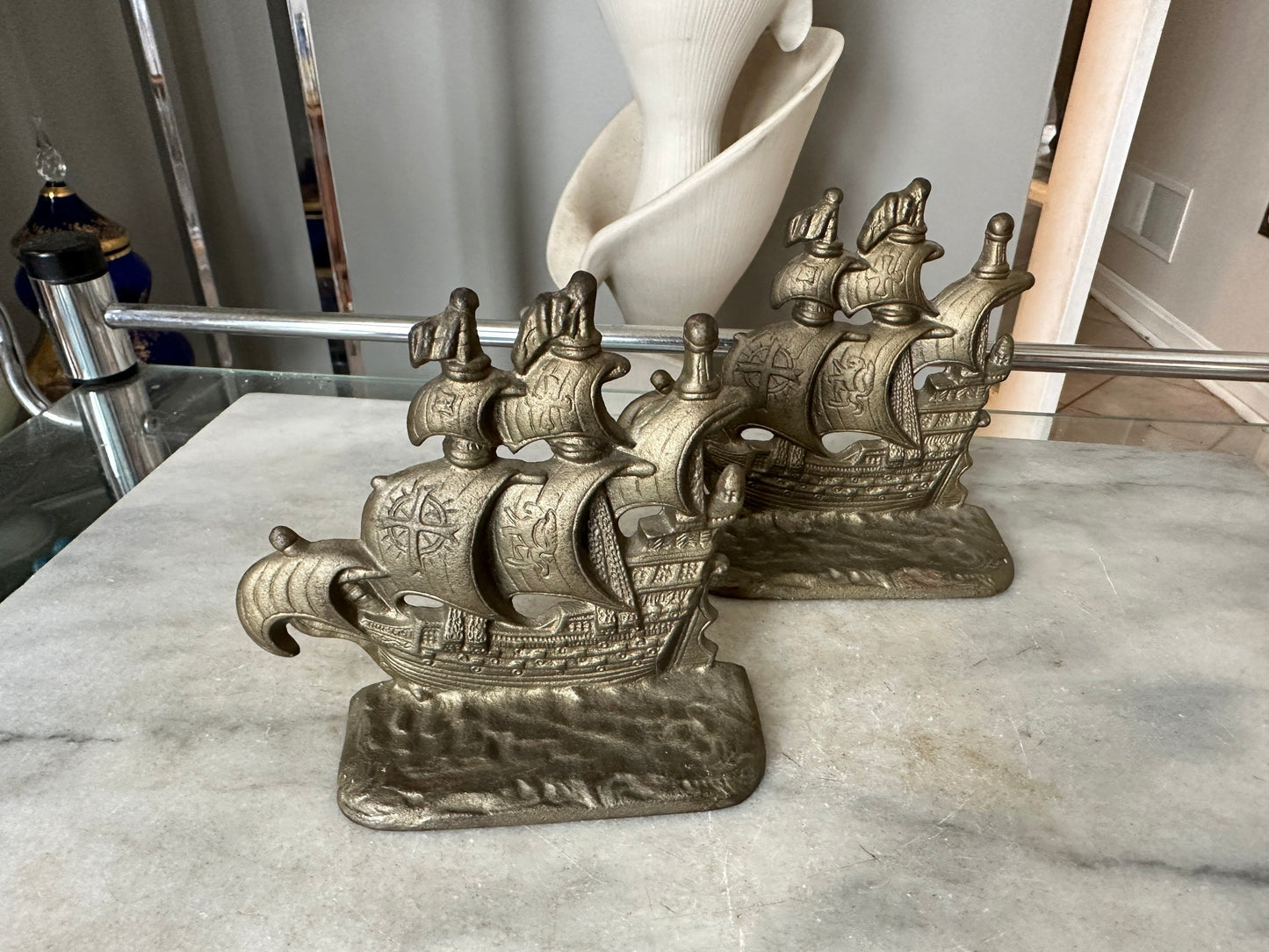 Vintage Cast Metal Pirate Galleon 128 Copyright Cast Metal (Aluminum) Bookends / Door Stops