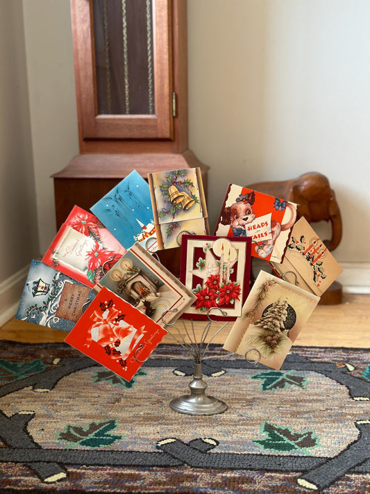 Vintage Card Holder with 10 Vintage Holiday Cards from the 1940s