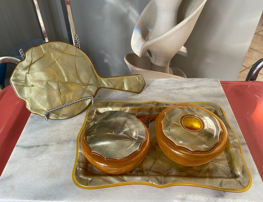 Vintage Vanity Set 5 pc, Vintage Marbled and Orange Bakelite Dresser Set with Hand Mirror, Art Deco Vanity Decor