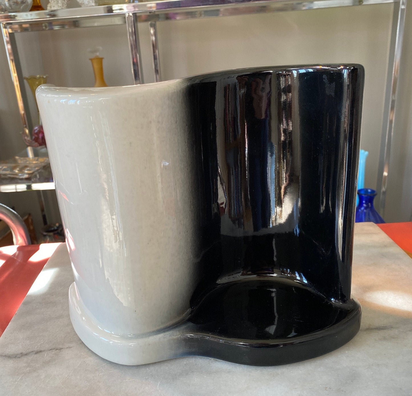 Vintage Ceramic TV Lamp, Black White Ombre, Mid Century Modern Accent