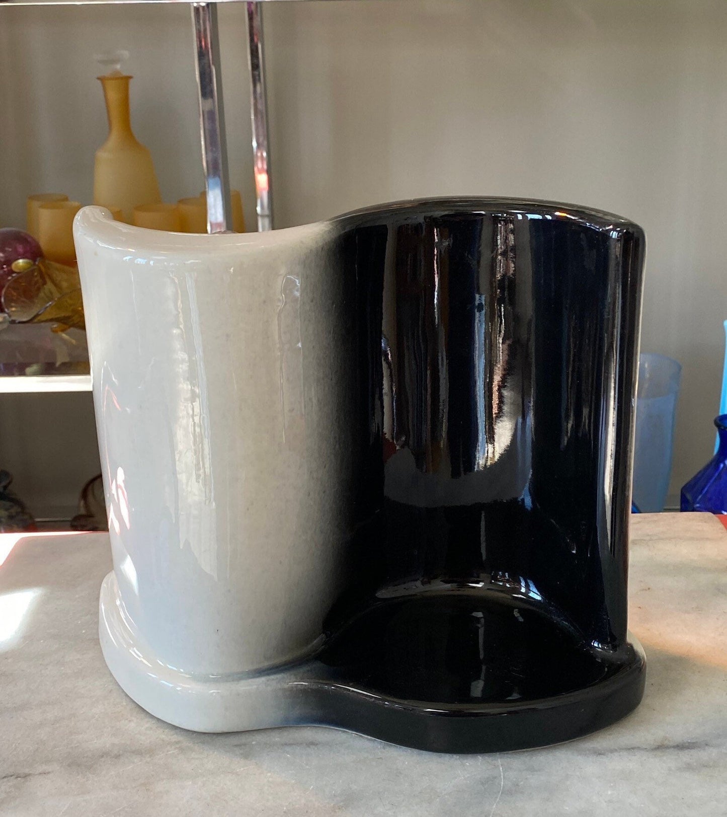 Vintage Ceramic TV Lamp, Black White Ombre, Mid Century Modern Accent