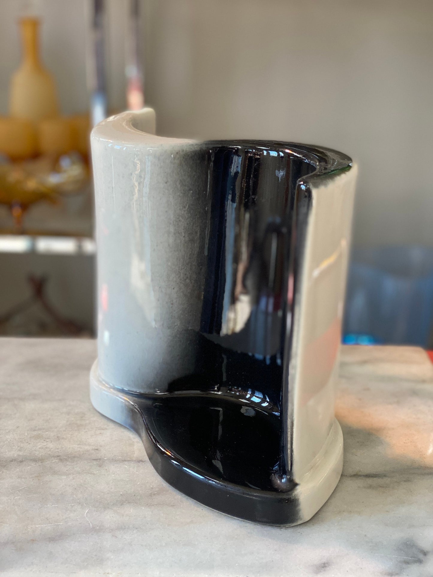 Vintage Ceramic TV Lamp, Black White Ombre, Mid Century Modern Accent