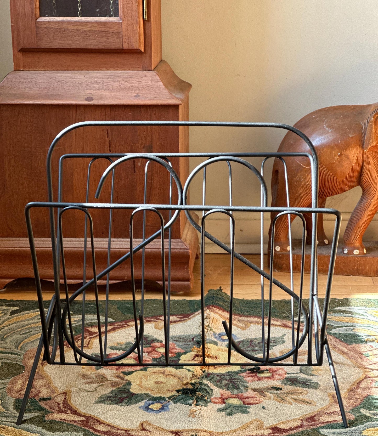 Vintage Mid Century Modern Magazine Rack Black Metal Wire | Sleek Styling  | Album Holder