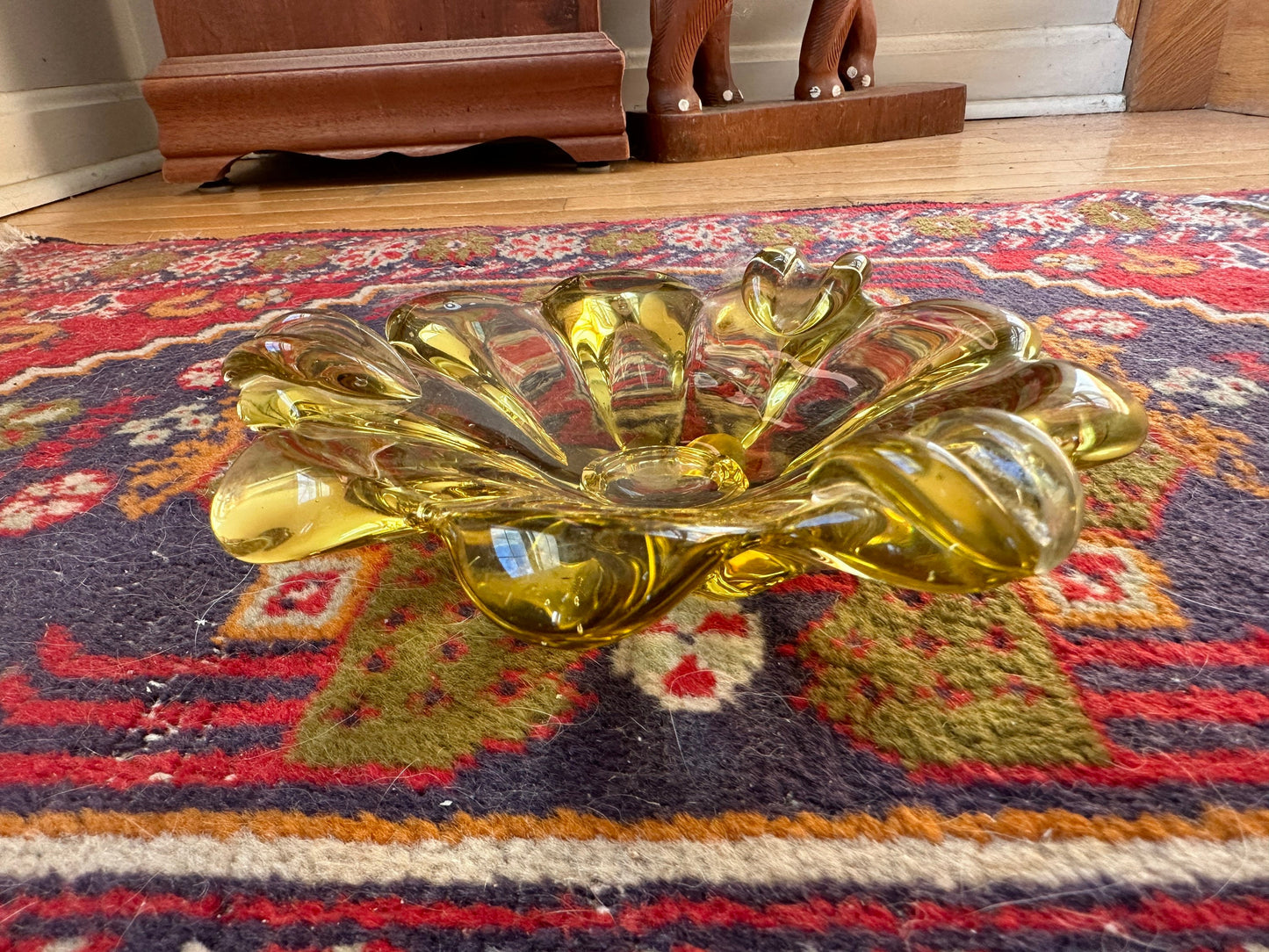 Vintage MCM Yellow Art Glass Ashtray | Flower Art Glass Ashtray | Mid Century Modern Art Glass Ashtray