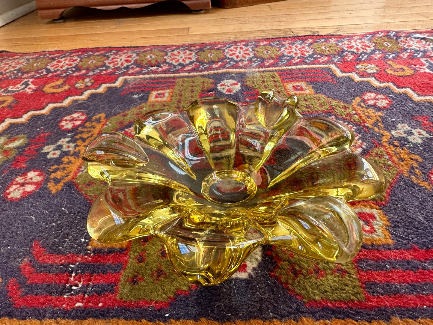 Vintage MCM Yellow Art Glass Ashtray | Flower Art Glass Ashtray | Mid Century Modern Art Glass Ashtray