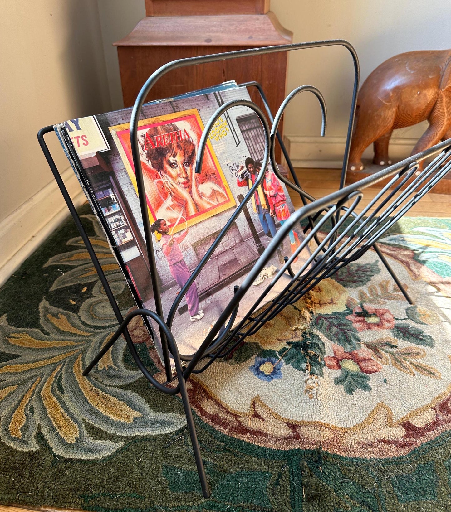 Vintage Mid Century Modern Magazine Rack Black Metal Wire | Sleek Styling  | Album Holder