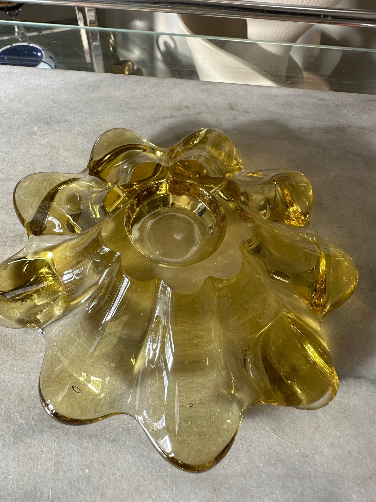 Vintage MCM Yellow Art Glass Ashtray | Flower Art Glass Ashtray | Mid Century Modern Art Glass Ashtray