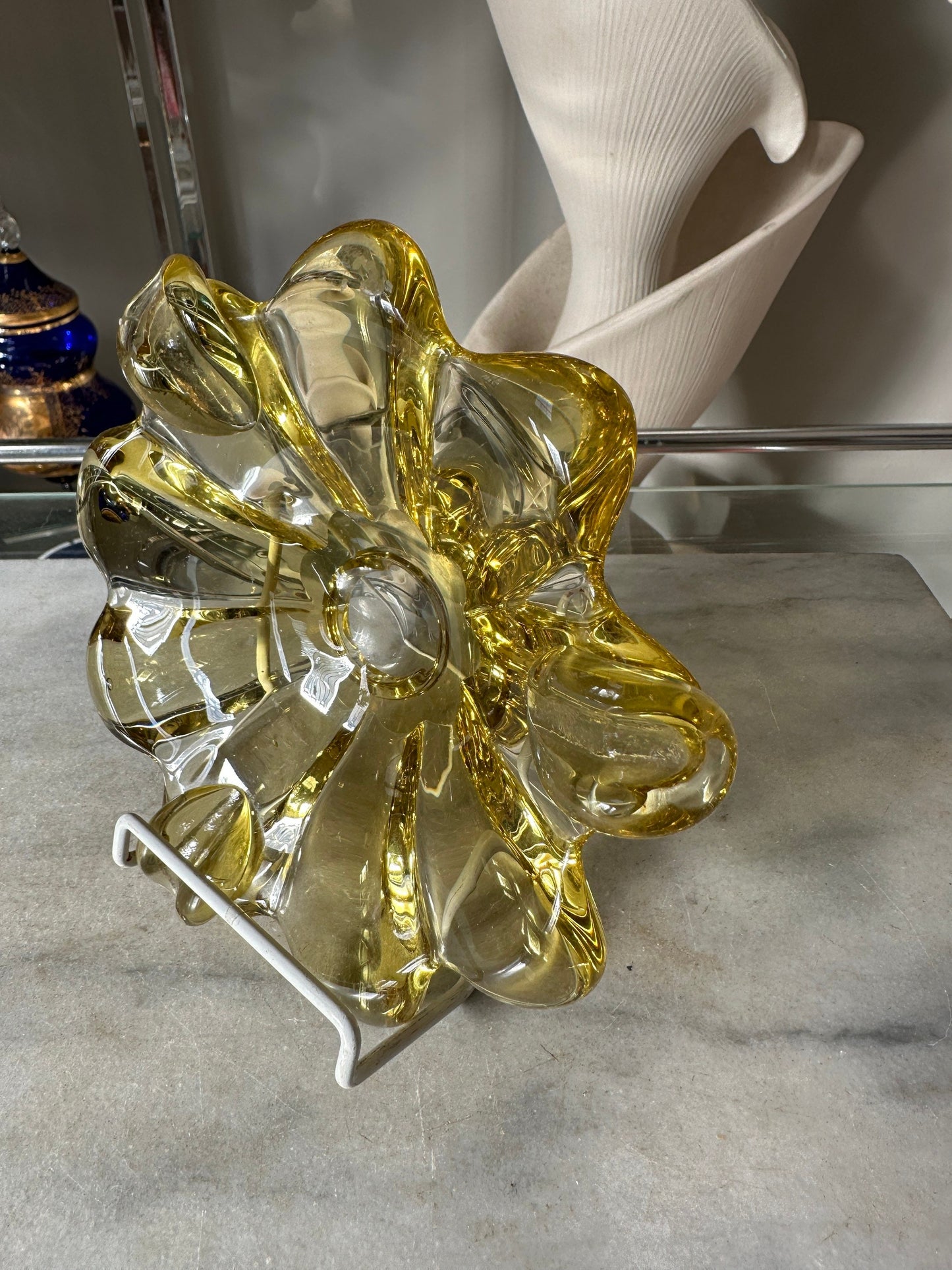 Vintage MCM Yellow Art Glass Ashtray | Flower Art Glass Ashtray | Mid Century Modern Art Glass Ashtray