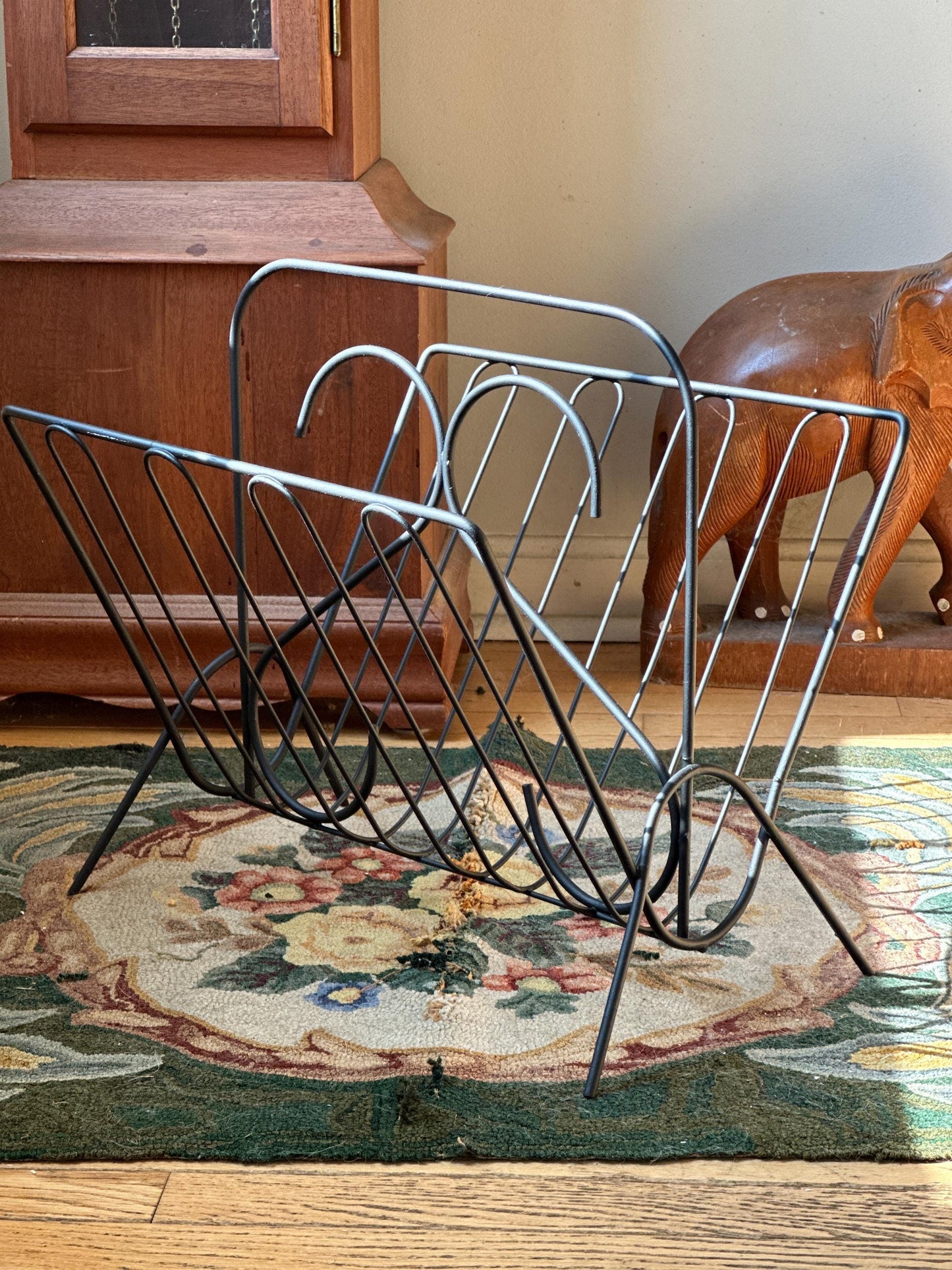 Vintage Mid Century Modern Magazine Rack Black Metal Wire | Sleek Styling  | Album Holder