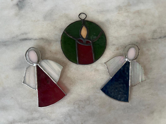 Vintage Stained Glass Christmas Ornaments – Set of 3 Angels & Candle