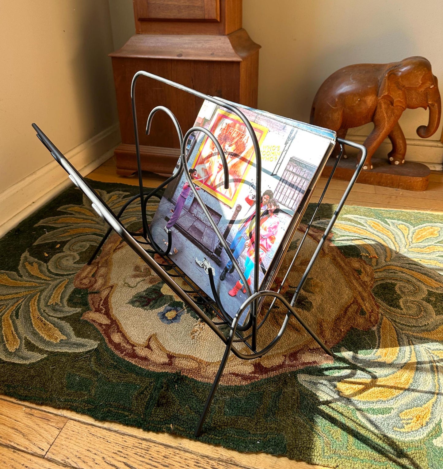 Vintage Mid Century Modern Magazine Rack Black Metal Wire | Sleek Styling  | Album Holder