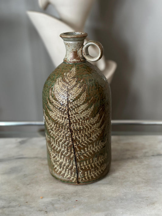Hand-Thrown Studio Art Pottery Jug, Fern Motif, Signed & Dated