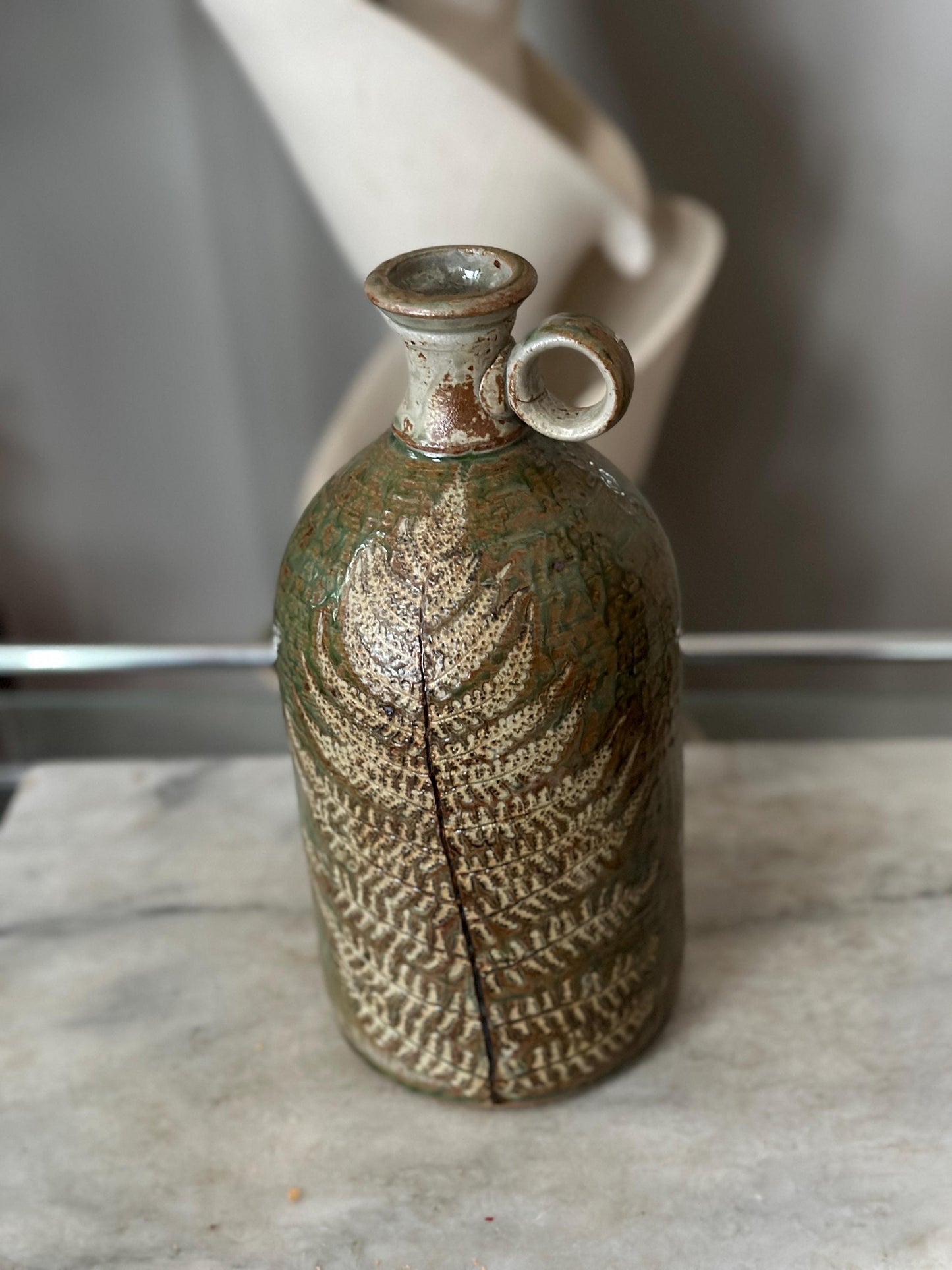 Hand-Thrown Studio Art Pottery Jug, Fern Motif, Signed & Dated