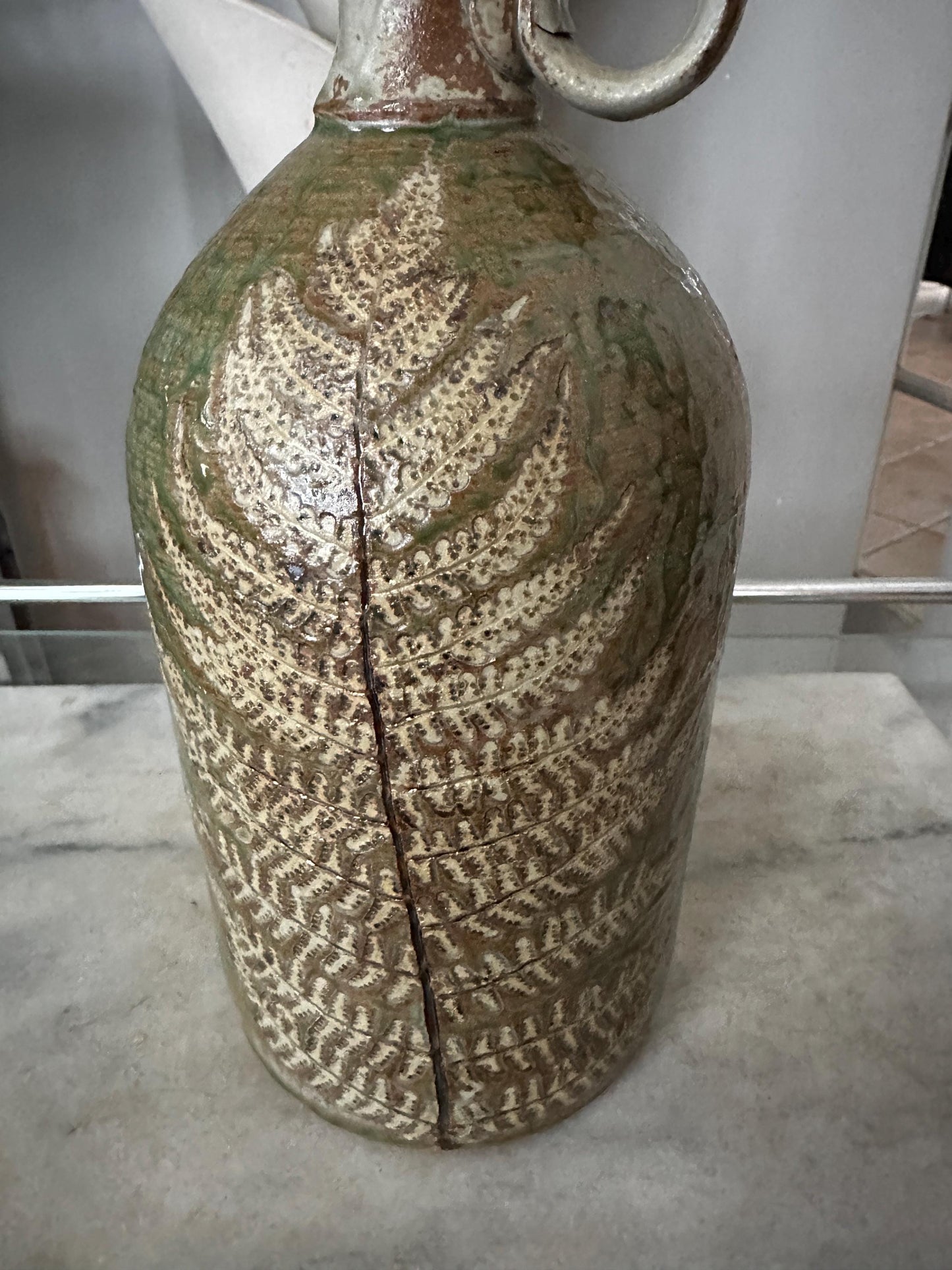 Hand-Thrown Studio Art Pottery Jug, Fern Motif, Signed & Dated
