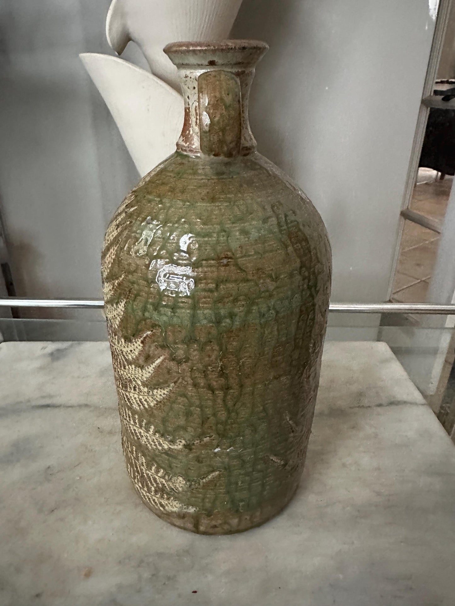 Hand-Thrown Studio Art Pottery Jug, Fern Motif, Signed & Dated