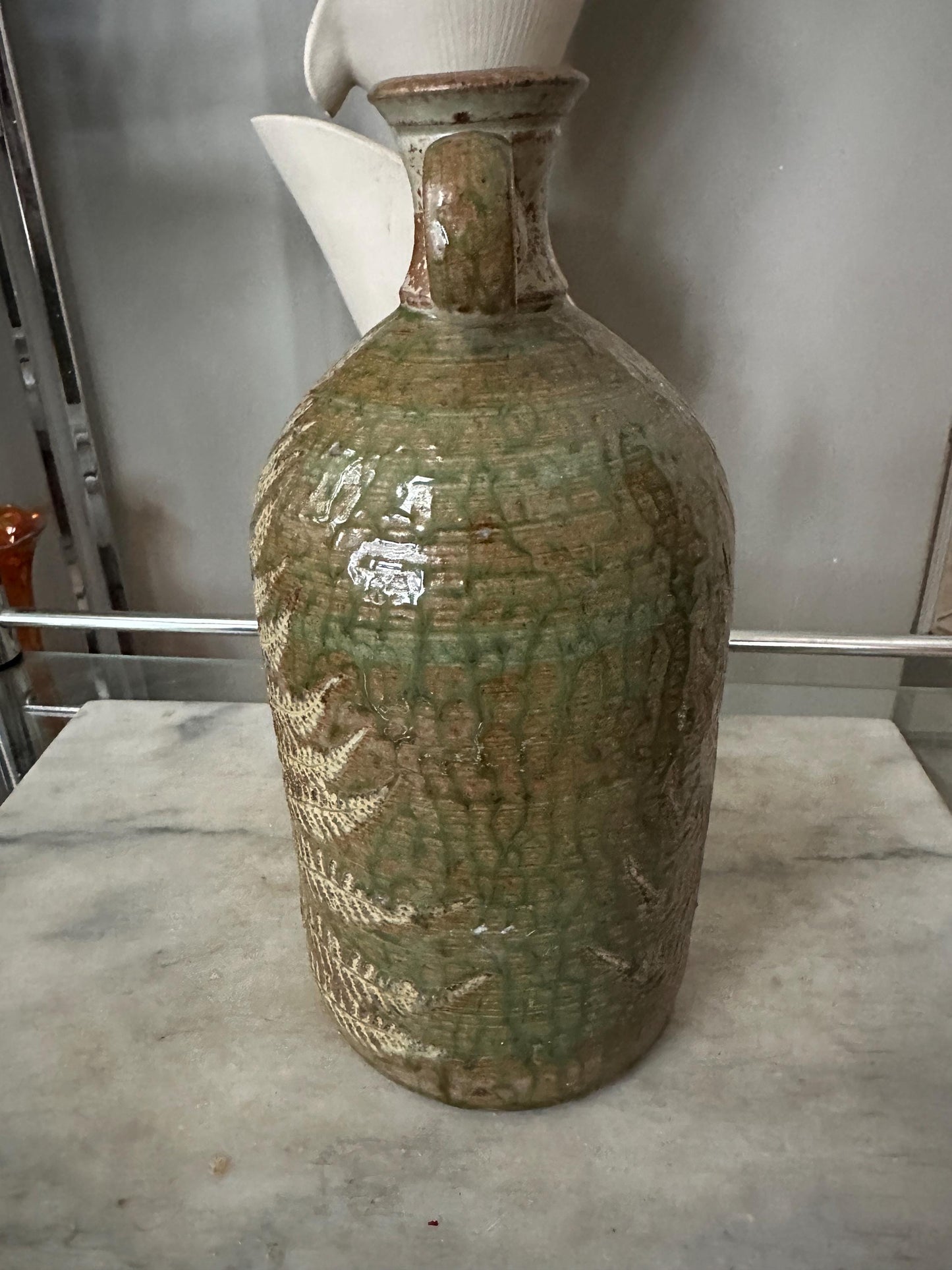 Hand-Thrown Studio Art Pottery Jug, Fern Motif, Signed & Dated