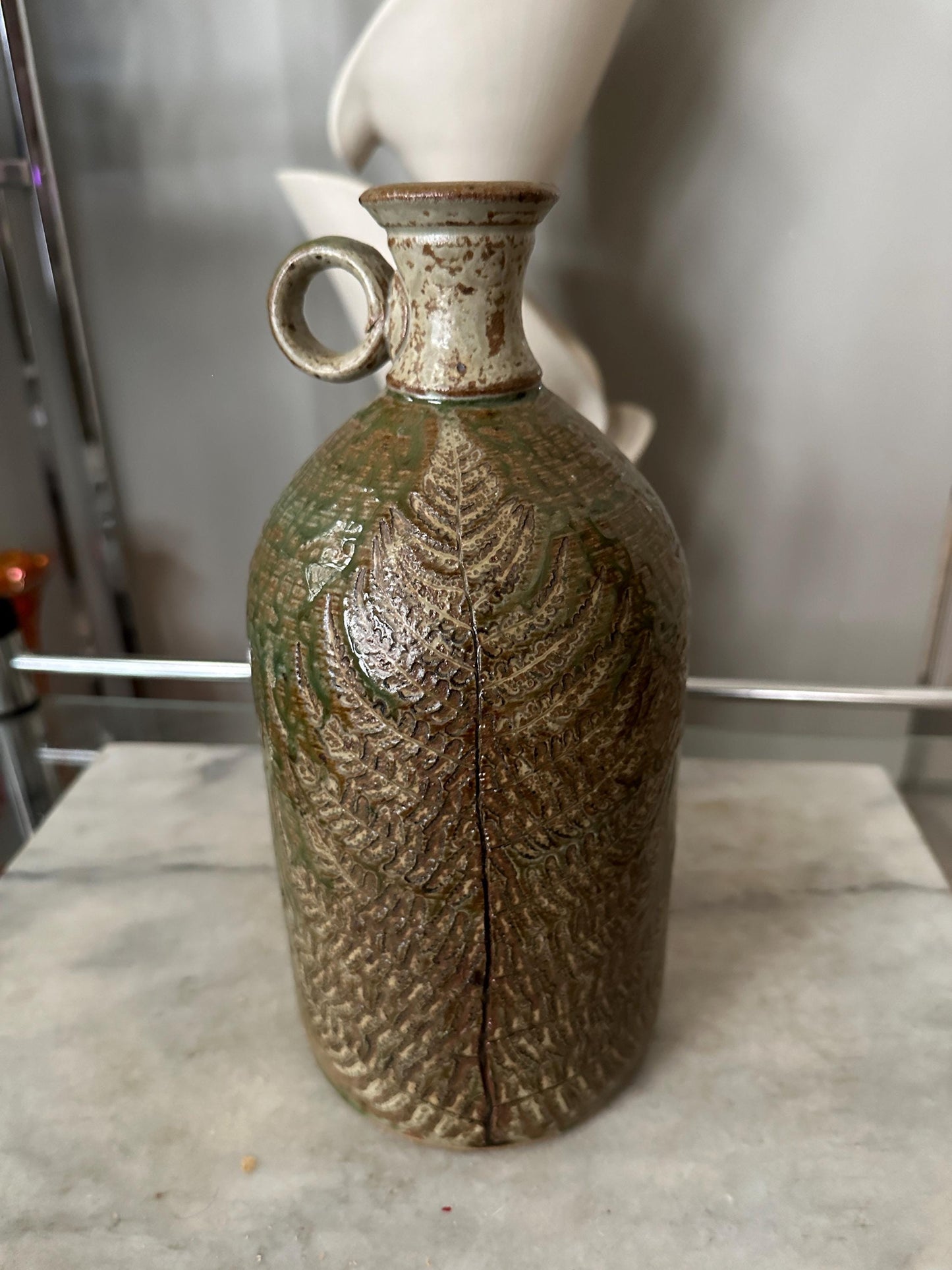 Hand-Thrown Studio Art Pottery Jug, Fern Motif, Signed & Dated